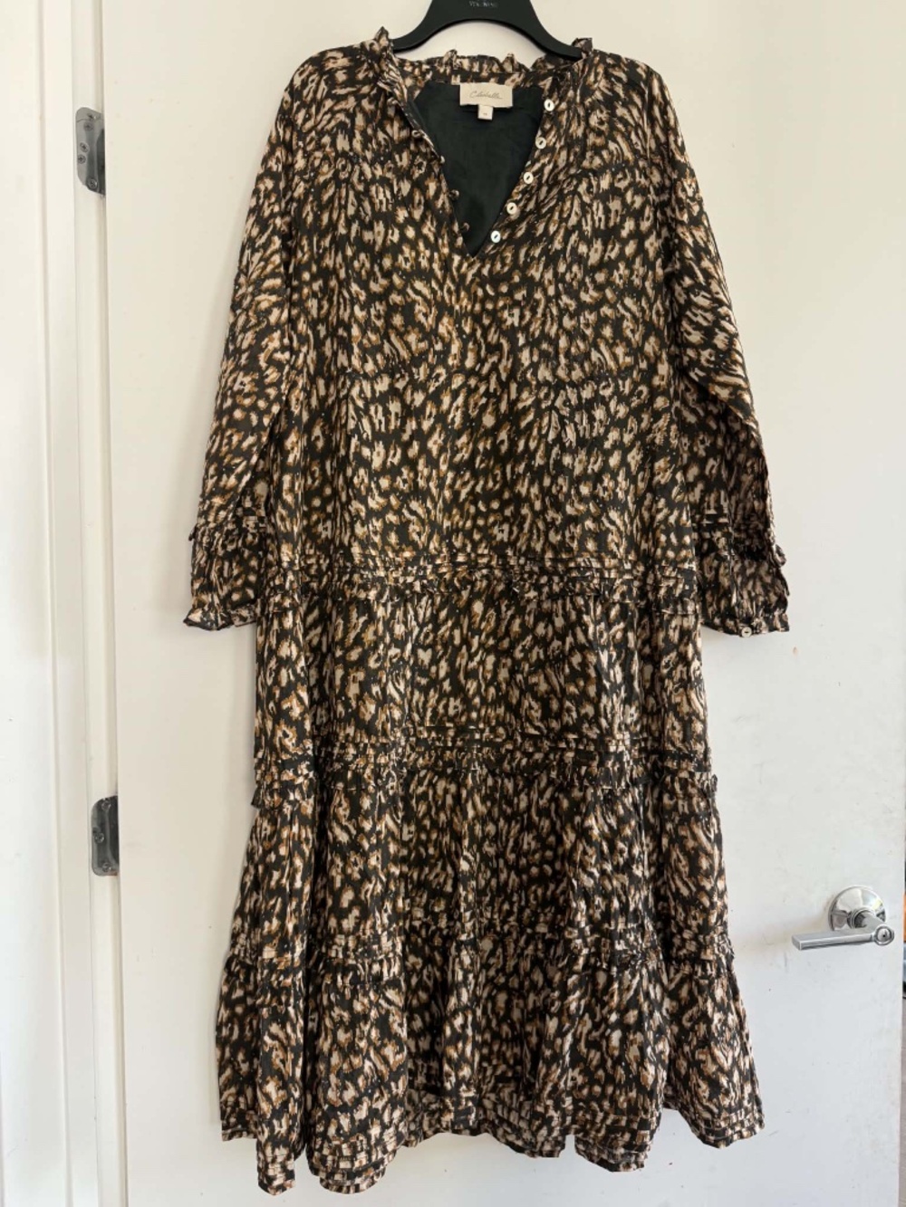 Cleobella Kalla Midi Dress Size M Animal Leopard Print Tiered Organic Ruffle